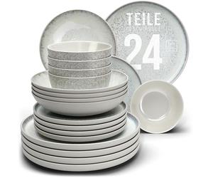 24 Piece Dinner Sets for 6 People - Beautiful Mediterranean Style Stoneware Dinner Set for 6 - Dishwasher & Microwave Safe Plates and Bowls Set for 6 - by Pure Living in Beige