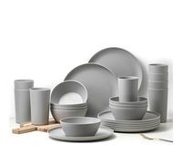 24 Piece Dinnerware Set, Unbreakable Plastic Plates Bowls Cups Set, BPA Free Reusable Tableware for Camping, Picnic, Home, Kitchen, Dishwasher Safe (Grey)