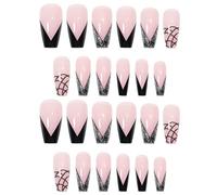24 Piece French Manicure False Nails Set Black Nail Tips With Jelly Glue For Elegant Salon Finish (One Size)