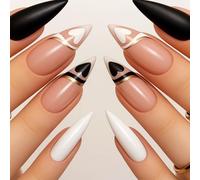 24-Piece French Tip Press-On Nails with Glossy Nude Pink Base, Full Gold Stripe and Chic Black-White Heart Art - Long Almond Shape False Nails for Elegant Manicure, for Parties, Weddings and Daily