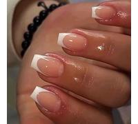 24-Piece French White Tip Press-On Nails with Eco-Friendly ABS & Jelly Adhesive Tabs for Short Square Shapes - Natural Glossy Full Cover Acrylic Kit in 12 Sizes for DIY Manicure at Home, Travel