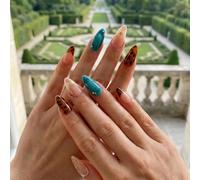 24-Piece Glossy Stiletto Press-On Nails Set Featuring Leopard Print, Turquoise & Gold Star Designs - Long Oval False Nails For Women, Fashionable And Easy To Apply For Party And Daily Wear