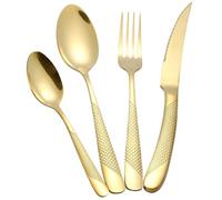 24-Piece Gold Cutlery Set with Ultra Sharp 2-in-1 Serrated Knive, 18/10 Stainless Steel Hammered Silverware Set, Flatware Set for 6 People, Knives Forks Spoons Set