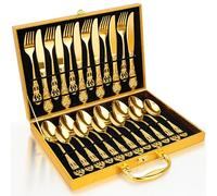 24 Piece Gold Flatware Set with Storage Case, Premium Stainless Steel Cutlery Service for 6, Includes Forks, Knives & Spoons, Dishwasher Safe Tableware for Gifting & Dinner Parties