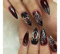 24 - piece Goth Almond Press - on Nails, Halloween Black - Red Gradient with Spider - Web & 3D Spider Design, Handmade Full - Cover Fake Nails for Women, Black & Red