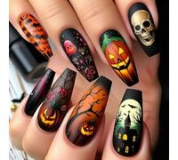 24 Piece Halloween Nails Set with Pumpkin, Skeleton, and Web Patterns for Festive Accessories Quick Application False Nails