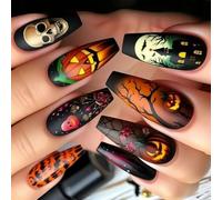 24 Piece Halloween Nails Set With Pumpkin Skeleton And Web Patterns For Festive Accessories Quick Application False Nail