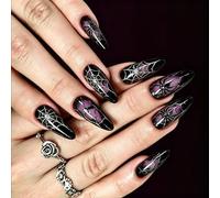24 Piece Halloween Press on Manicure Set with Web Artwork, Glossy Black Marbled Finish and Pointed Almond Shape for Costume Occasion Styling Halloween Press on Manicure Set