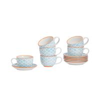 Nicola Spring Hand Printed Cappuccino Cups with Saucers - 250ml - 12pc Blue Porcelain Cappuccino Cups and Saucer Set Coffee Mugs with Handle and Plate
