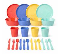 24 Piece Kids Tableware Set - BPA Free Plastic Dinner Set with 4 Plates, 4 Bowls, 4 Cups & 12 Piece Cutlery (Knives, Forks, Spoons) - Reusable Pastel Toddler Dining Set (Brights)