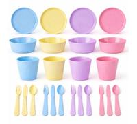24 Piece Kids Tableware Set - BPA Free Plastic Dinner Set with 4 Plates, 4 Bowls, 4 Cups & 12 Piece Cutlery (Knives, Forks, Spoons) - Reusable Pastel Toddler Dining Set (Pastel)