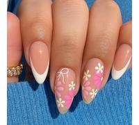 24-Piece Long Almond False Nails, Nude Pink French Tips, Floral Design | Glossy Finish, Mixed Flower And Bow Patterns, Coordinated Manicure For Daily Wear, Everyday Outfits And Special Occasions