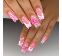 24-Piece Long Square Press-On False Nails, Pink French 3D Floral Waves