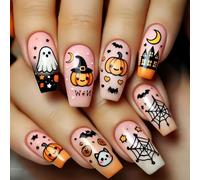 24 - piece Medium - square Halloween Press - on Nails with Cobweb, Pumpkin, Castle & Bat Designs, Full - cover Glossy Fake Nails for Women,