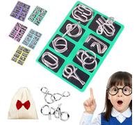 24 Piece Metal Puzzle Solving, Interlocking Metal Wire Iq Logic Game, Metals Brain Teaser Puzzles Ring, Puzzles Ring Disentanglement Sets with Carry Pouch, for Problem-Solving Enthusiasts (Green)