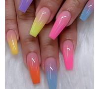 24-Piece Multicolour Gradient Long Coffin Press-On Nails with Glossy Ombre Effect - Reusable Acrylic Fake Nails Set in 12 Sizes for Women, Eco-Friendly ABS Material for Secure Natural Fit