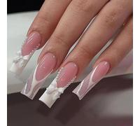 24-Piece Pack of Shiny Coffin French Tip Press-On Nails with Pearl Designs, Bow and Rhinestones - Long Square False Nails for an Elegant Look