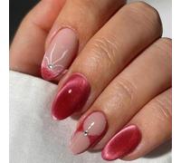 24-Piece Red Diamond Sparkle Press On Nails With Shimmering Glossy Gradient For Women - Oval Shaped False Nails Featuring White Butterfly Line Design And Rhinestones, Reusable Kit For Parties