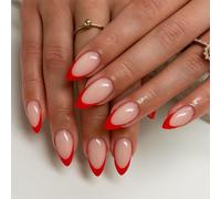 24-Piece Red French Press-On Nails Almond Shape Glossy Long-Lasting - Bold Red Tips Nude Pink Base False Nails Kit for Women Elegant Touch Stick On Salon Quality Manicure Set