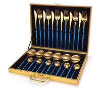 24-Piece Round Handle 304 Stainless Steel Cutlery Set with Gold Gift Box - Elegant Silverware Flatware for Home Dining(Blue Gold)