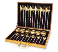 24-Piece Round Handle 304 Stainless Steel Cutlery Set with Gold Gift Box - Elegant Silverware Flatware for Home Dining(Pink Gold)