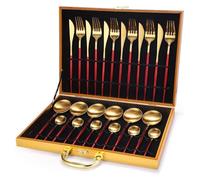 24-Piece Round Handle 304 Stainless Steel Cutlery Set with Gold Gift Box - Elegant Silverware Flatware for Home Dining(Red Gold)