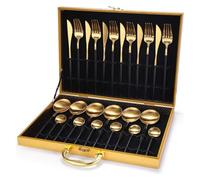 24-Piece Round Handle 304 Stainless Steel Cutlery Set with Gold Gift Box - Elegant Silverware Flatware for Home Dining(Black/Gold)