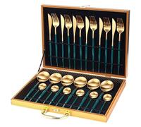 24-Piece Round Handle 304 Stainless Steel Cutlery Set with Gold Gift Box - Elegant Silverware Flatware for Home Dining(Green Gold)
