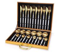 24-Piece Round Handle 304 Stainless Steel Cutlery Set with Gold Gift Box - Elegant Silverware Flatware for Home Dining(White Gold)