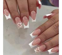 24-Piece Set of French Heart Design False Nails with Glossy Full Coverage,Press On Nails Kit Art DIY Manicure Decorations,Stick On Nails for Women and Girls.