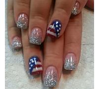 24 Piece Set Of July 4th Square Press On Nails With Patriotic Star And Stripes Designs Blue Red Glitters Stick On Nails