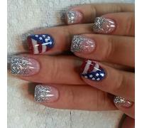 24 Piece Set Of July 4th Square Press On Nails With Patriotic Star And Stripes Designs Blue Red Glitters Stick On Nails Independence Day Nail Art