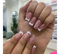24-Piece Set of Long Square French False Nails with Glossy Full Coverage - Press On Style for Women and Girls - Includes Gel Nail Glue - French Heart Design
