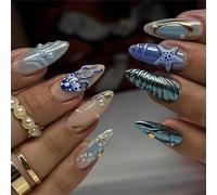 24-Piece Set of Medium Almond-Shaped Press-On Nails with 3D Ocean Design and Accessory Tool - Blue Teal Pearl White Seashell Starfish Jellyfish Wave Artistic Eco-Friendly ABS False Nails Kit