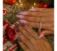 24-Piece Short Almond False Nails, Pink and Brown Polka Dot Nail Tips | Glossy finish, 2 contrasting designs for a mixed manicure, for home use, seasonal gatherings and social occasions