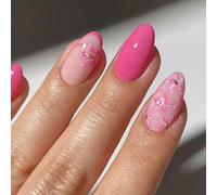 24-Piece Short Almond Press-On Nails, Nude Pink, Rose Red Floral Design