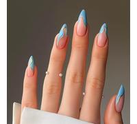 24-Piece Short Almond Stiletto Artificial Nails with Glossy Pink Blue Gradient & Gold Wave Accent - Reusable False Nails Kit for Women, Ideal for Party Wedding and Everyday Elegance