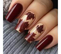 24-Piece Short Coffin Press-On Nails in Burgundy & Cream with Matte Glossy Dual Finish - Autumn Maple Leaf Glitter Accent Designs for Halloween Fall Parties, Seasonal Fashion Wear and Festive Events