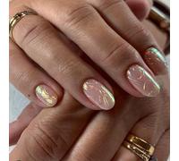 24-Piece Short Oval Press-On Nails with Iridescent Multichrome Shine and 3D Glass Effect - Reusable False Nails with Adhesive, Easy Application, Salon Look for Women