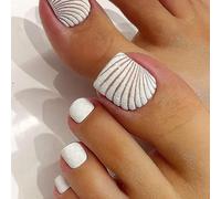 24-Piece Short Press-On Toenails, White 3D Seashell Tips, Assorted Sizes