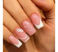 24-Piece Short Square Press-On False Nails, Soft Pink French Tip Designs | Glossy finish, assorted sizes, curved linework, heart and raised floral details, for everyday manicures and social occasions