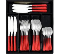 24-Piece Silverware Set with Organizer, Stainless Steel Flatware Cutlery Set with Non-Slip Handle, Mirror Polished Tableware Utensils Set for Home Restaurant (Red Silver)