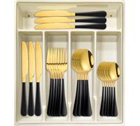 24-Piece Silverware Set with Organizer, Stainless Steel Flatware Cutlery Set with Non-Slip Handle, Mirror Polished Tableware Utensils Set for Home Restaurant (Black)