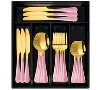 24-Piece Silverware Set with Organizer, Stainless Steel Flatware Cutlery Set with Non-Slip Handle, Mirror Polished Tableware Utensils Set for Home Restaurant (Pink)