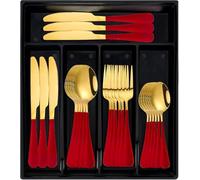 24-Piece Silverware Set with Organizer, Stainless Steel Flatware Cutlery Set with Non-Slip Handle, Mirror Polished Tableware Utensils Set for Home Restaurant (Red)