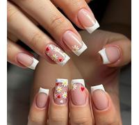 24-Piece Square False Nails, Short French Tip Press On Set, Pink Floral | Glossy Sheer Base, White Tips, Daisy And Heart Designs, Mixed Styles For Home Manicures, Casual Outings And Social Events