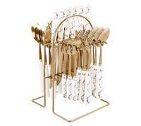24-Piece Stainless Steel Dinner Cutlery Set With Stand Metal Rack Storage Knives Spoons Forks Teaspoons for family restaurants kitchens restaurants hotels parties etc (White handle with stripes)