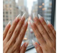 24-Piece Stiletto Almond Press-On Nails with Glossy French Manicure for Wedding Party - Long Translucent False Nails Featuring Delicate Feathered White Tip Design Suitable for Elegant Wear