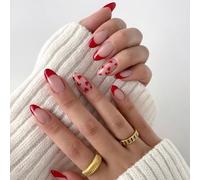 24-Piece Valentine's Day Press On Nails, Almond Fake Nails, French Love Heart Line Design Artificial Nails for Application, Matte False Nail Tips, Medium-Length Manicure for Women