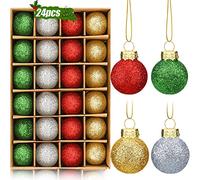 24 Pieces 1 Inch Miniature Christmas Ball Ornaments Red Green Silver and Gold Mini Glitter Glass Bauble Ball Decorative Multicolor Rustic Xmas Tree Decorations Party Hanging Pendants for Small Trees